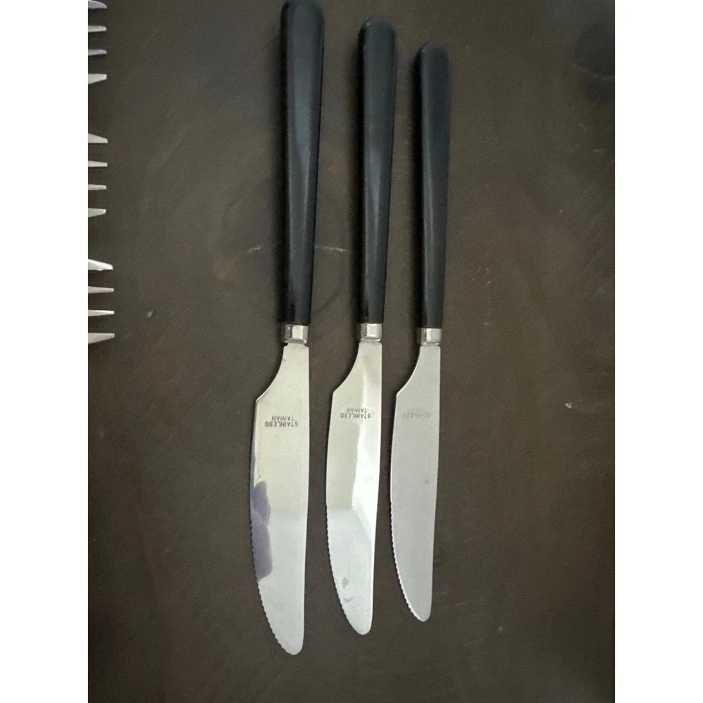 Vintage MCM Black Handle Flatware Set 10pc Stainless Taiwan Forks Knives Spoons